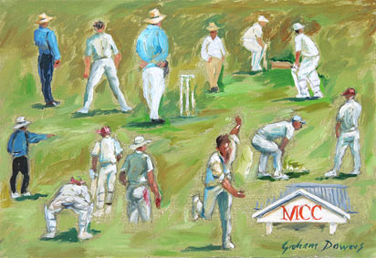 Graham Downs nz fine art, oil on board, cricket day